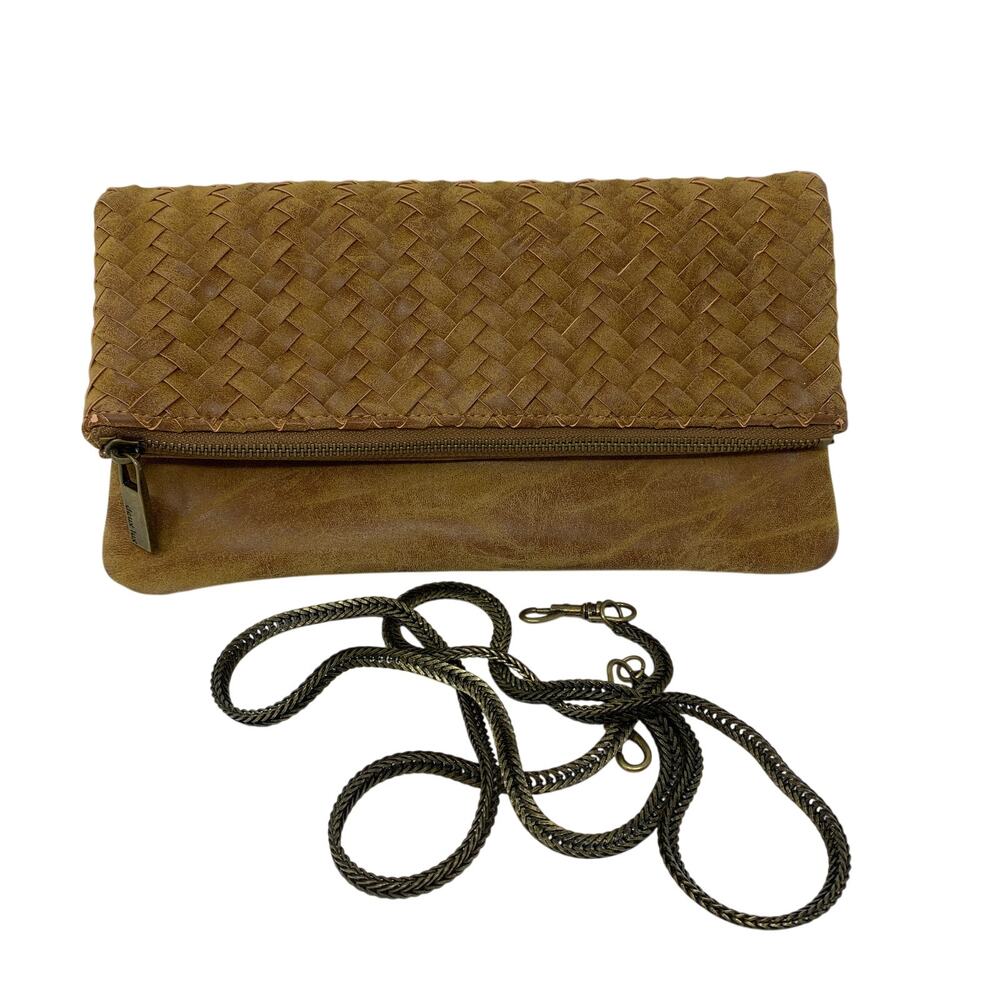 Deux Lux Fold Over Flap Clutch Shoulder Bag Woven Brown Faux Leather Distressed